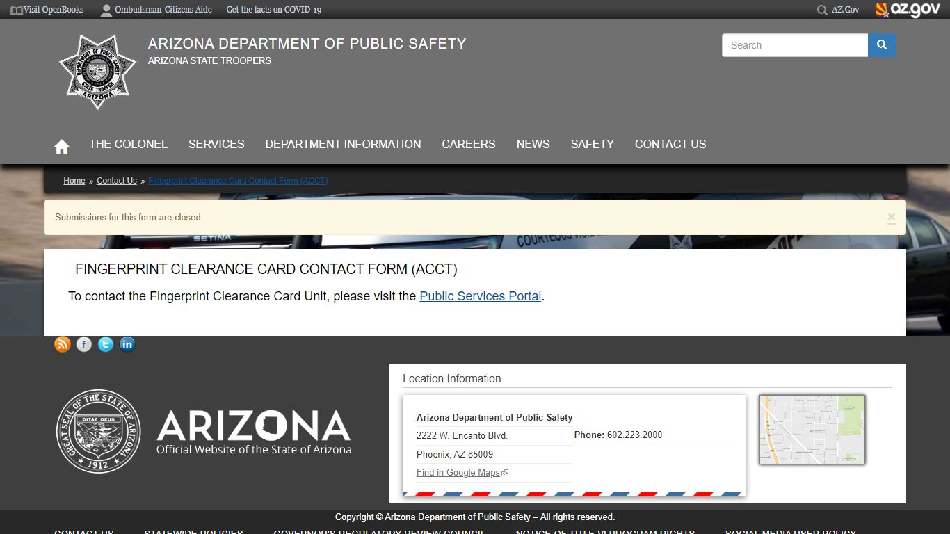 Fingerprint Clearance Card Contact Form (ACCT) | Arizona Department of ...